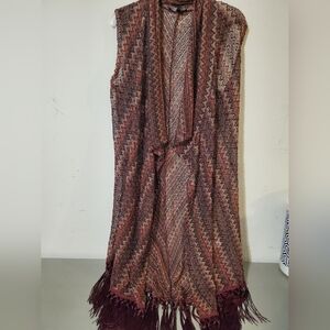 Boho Y2K Long Knit Sleeveless Cardigan Burgundy Multi Fringe Duster Vest